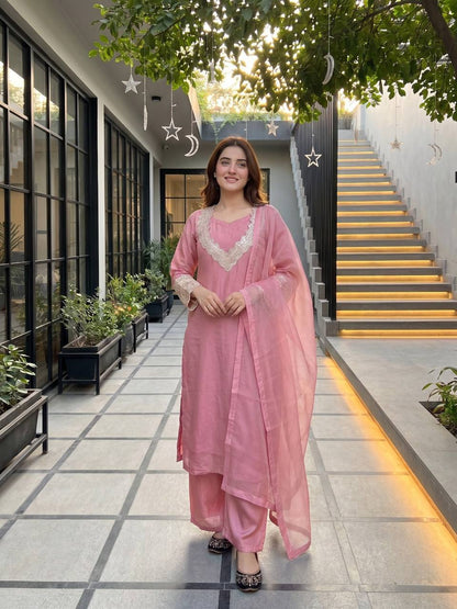 Unique Pink Color Heavy Embroidered Coding Sequence Work Kurti Set
