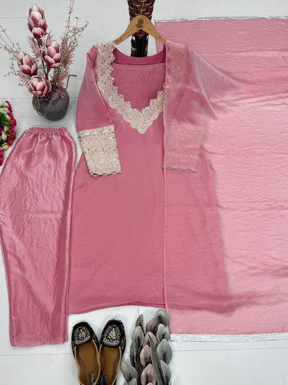 Unique Pink Color Heavy Embroidered Coding Sequence Work Kurti Set