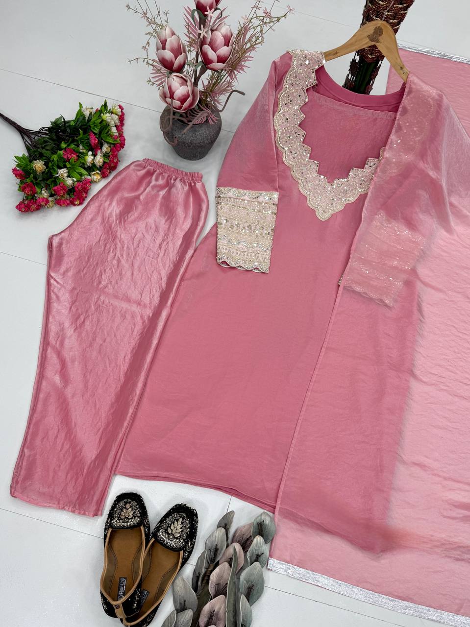 Unique Pink Color Heavy Embroidered Coding Sequence Work Kurti Set