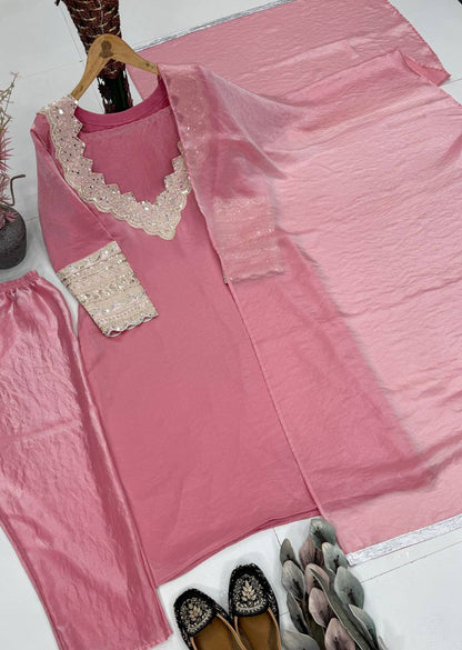 Unique Pink Color Heavy Embroidered Coding Sequence Work Kurti Set