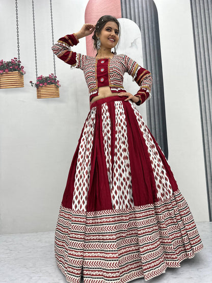 Maroon Color Riyon Cotton Traditional Ajarakh Print With Real Mirror Work Navratri Lehenga Choli