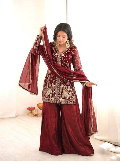Beautiful Maroon Color Embroidered Sequence Work Palazzo Suit