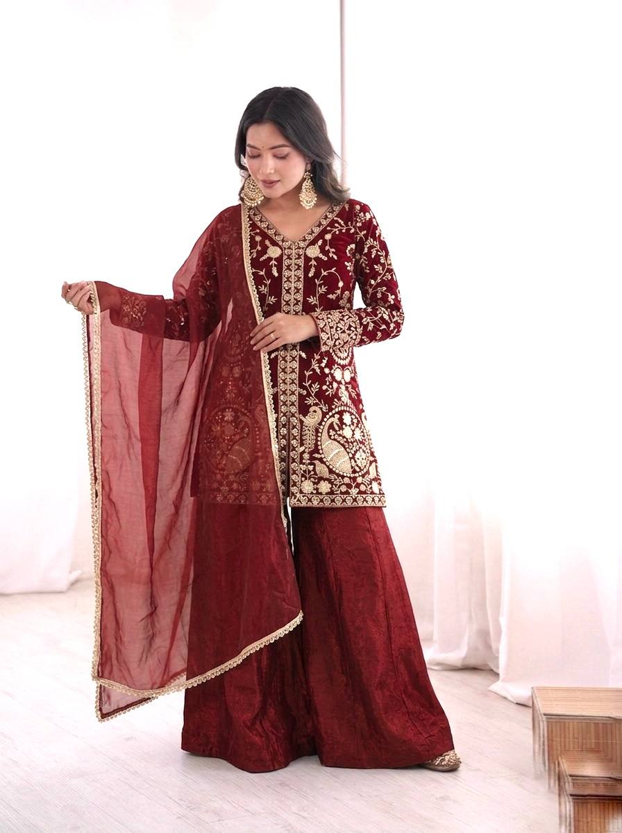 Beautiful Maroon Color Embroidered Sequence Work Palazzo Suit