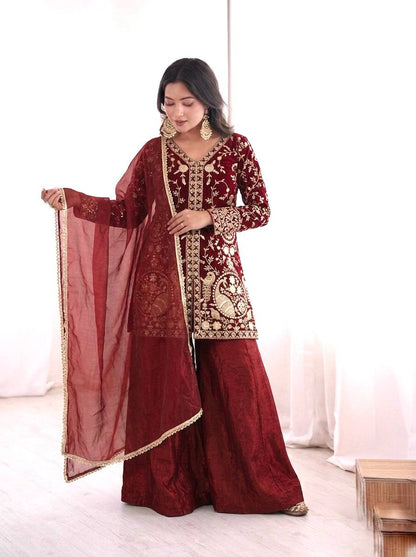 Beautiful Maroon Color Embroidered Sequence Work Palazzo Suit