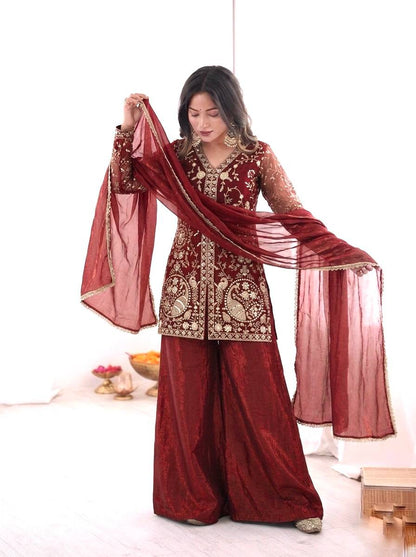 Beautiful Maroon Color Embroidered Sequence Work Palazzo Suit