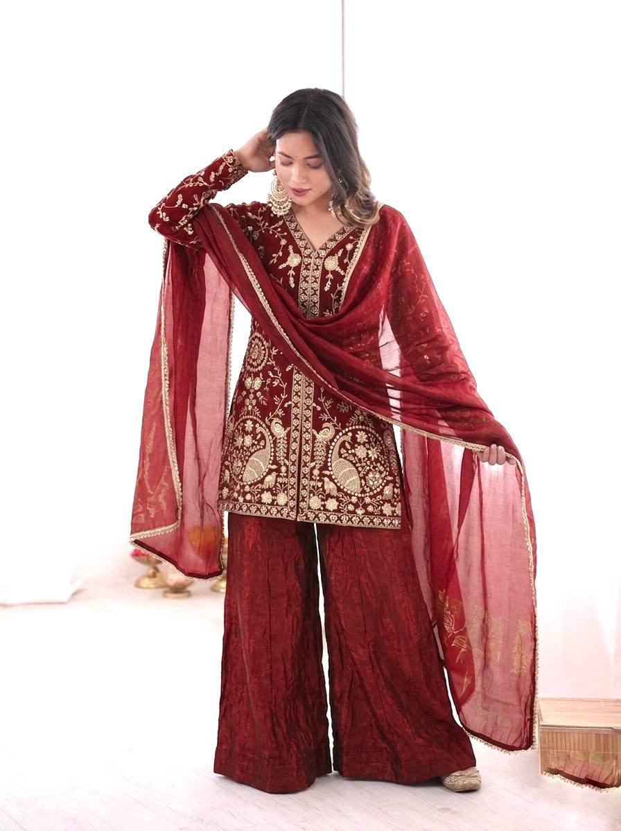 Beautiful Maroon Color Embroidered Sequence Work Palazzo Suit