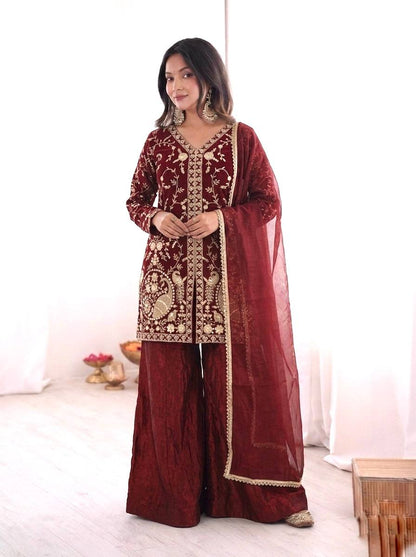 Beautiful Maroon Color Embroidered Sequence Work Palazzo Suit