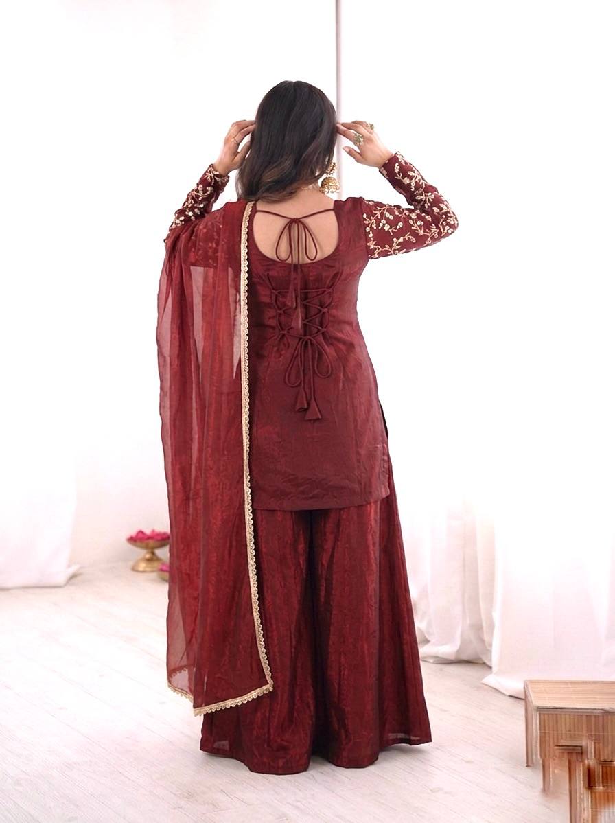 Beautiful Maroon Color Embroidered Sequence Work Palazzo Suit