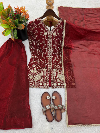Beautiful Maroon Color Embroidered Sequence Work Palazzo Suit