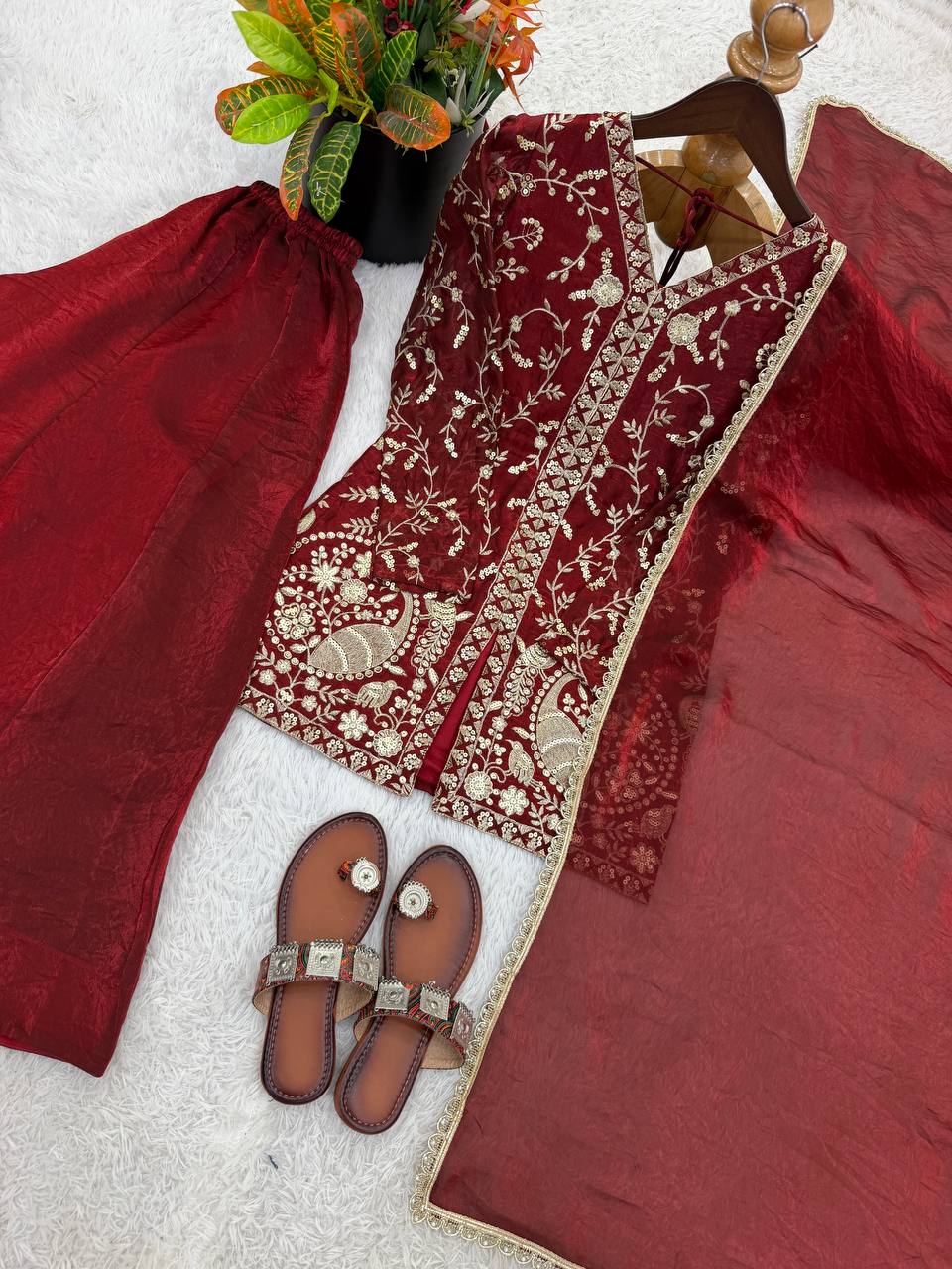 Beautiful Maroon Color Embroidered Sequence Work Palazzo Suit