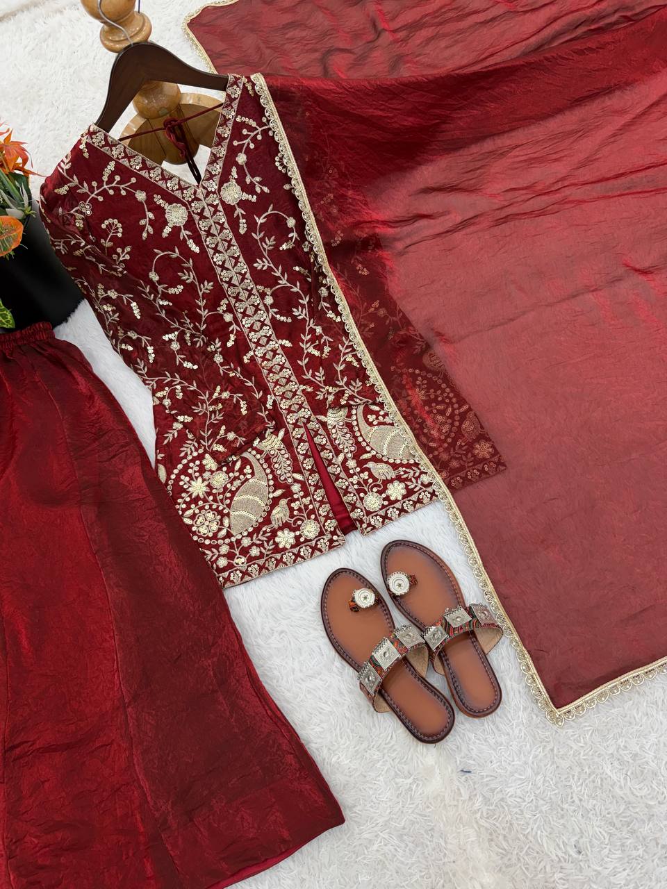 Beautiful Maroon Color Embroidered Sequence Work Palazzo Suit