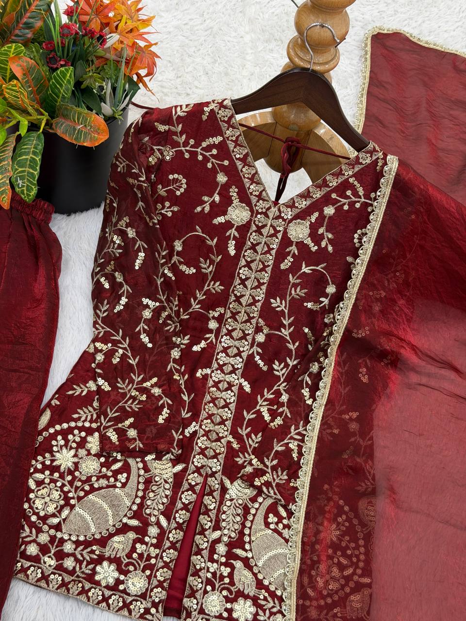 Beautiful Maroon Color Embroidered Sequence Work Palazzo Suit