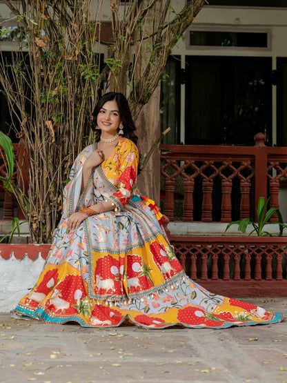 Exclusive Yellow Color Crepe Silk With Foil Printed Lehenga Choli Set With Dupatta