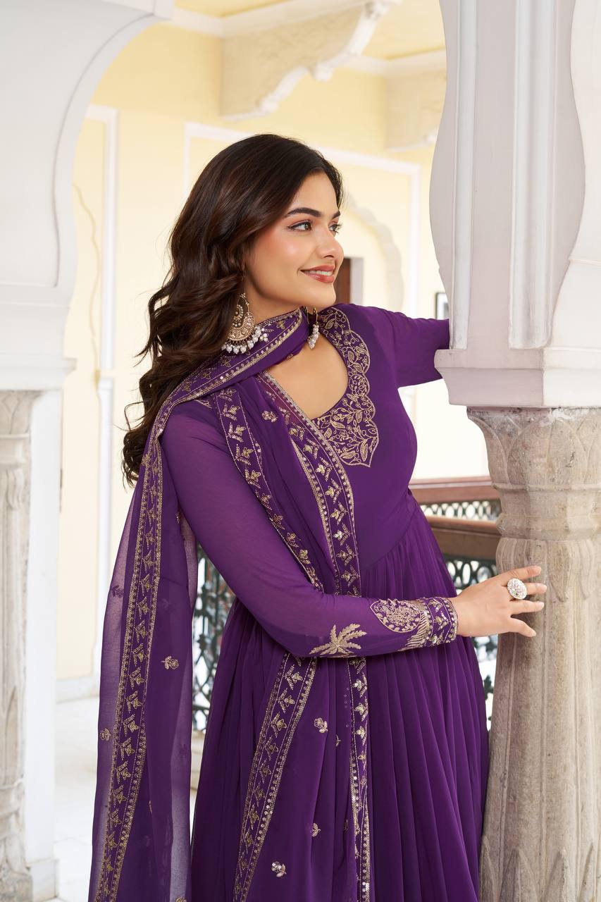 Function Wear Purple Color Sequence Thread Work Anarkali Gown