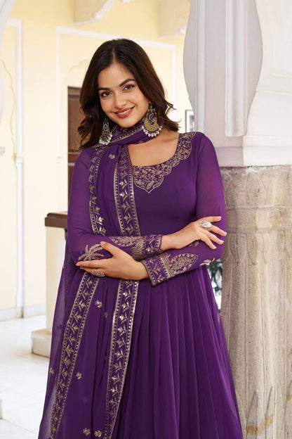 Function Wear Purple Color Sequence Thread Work Anarkali Gown