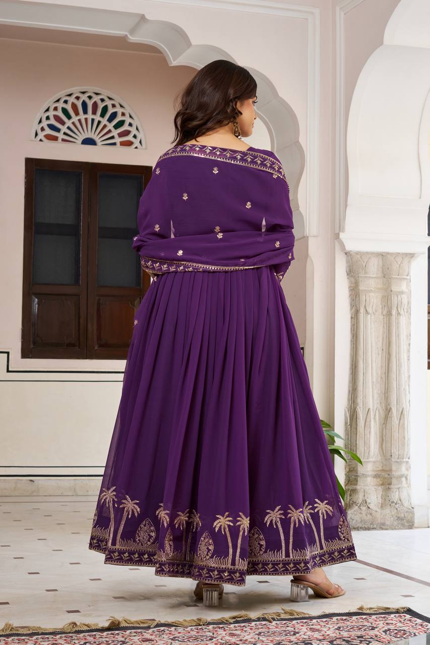 Function Wear Purple Color Sequence Thread Work Anarkali Gown