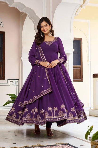 Function Wear Purple Color Sequence Thread Work Anarkali Gown
