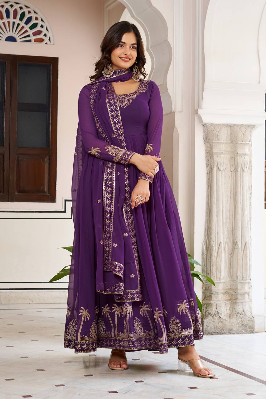 Function Wear Purple Color Sequence Thread Work Anarkali Gown