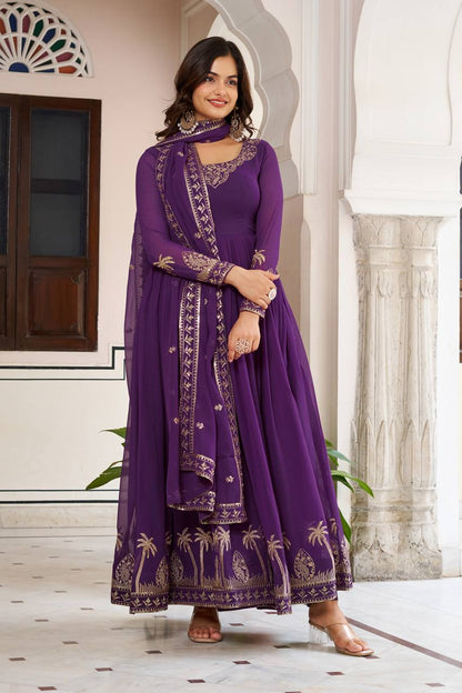 Function Wear Purple Color Sequence Thread Work Anarkali Gown