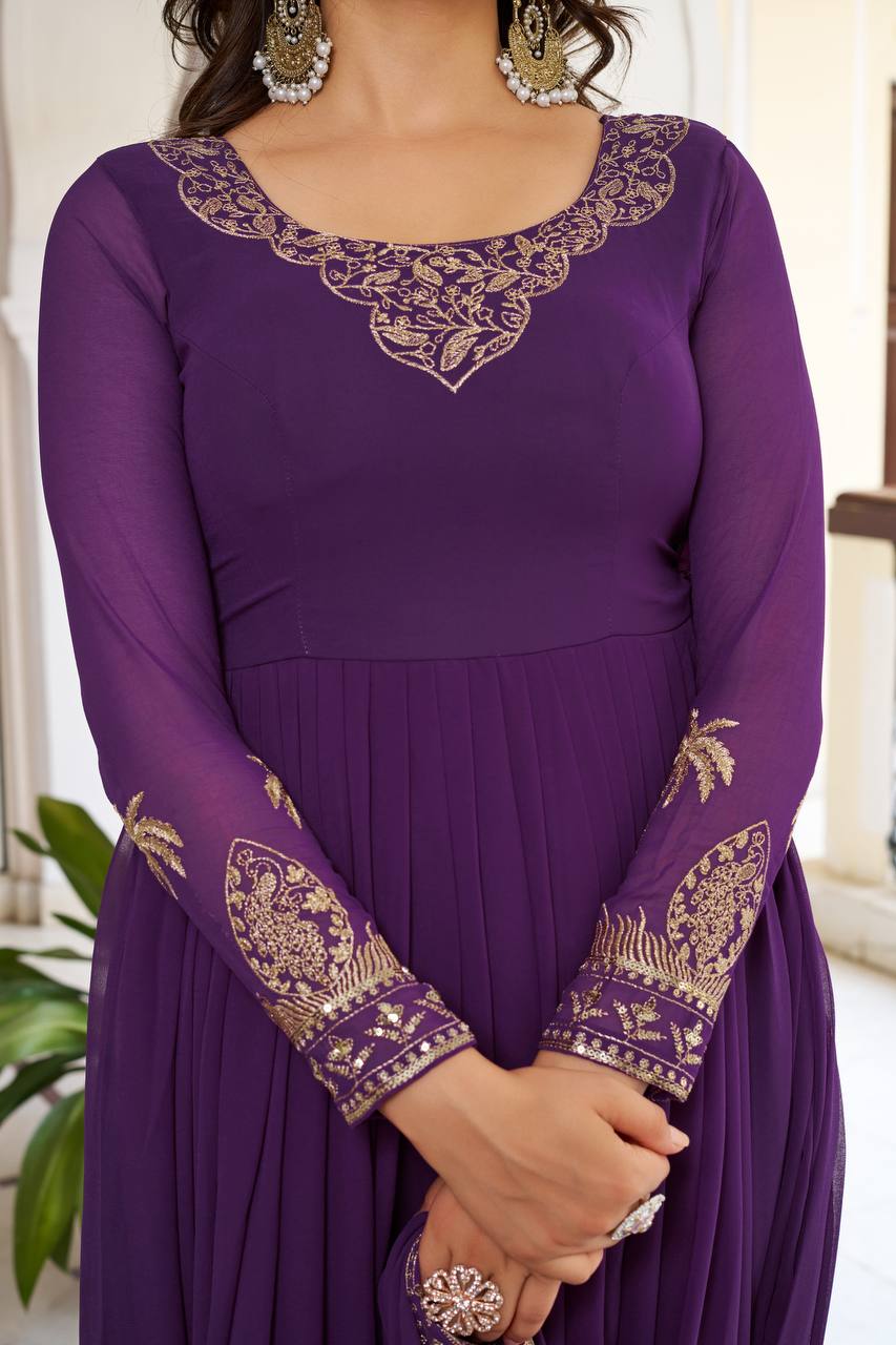 Function Wear Purple Color Sequence Thread Work Anarkali Gown