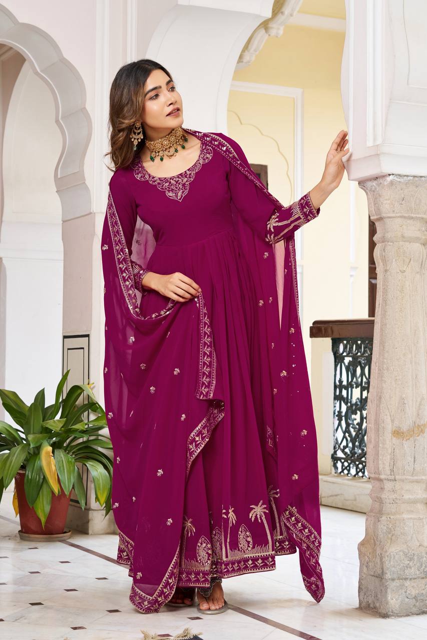 Occasion Wear Maroon Color Sequence Thread Work Anarkali Gown