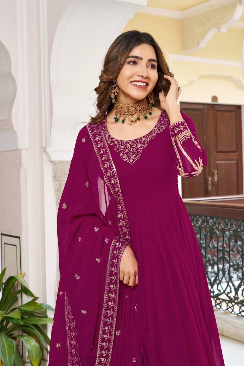Occasion Wear Maroon Color Sequence Thread Work Anarkali Gown