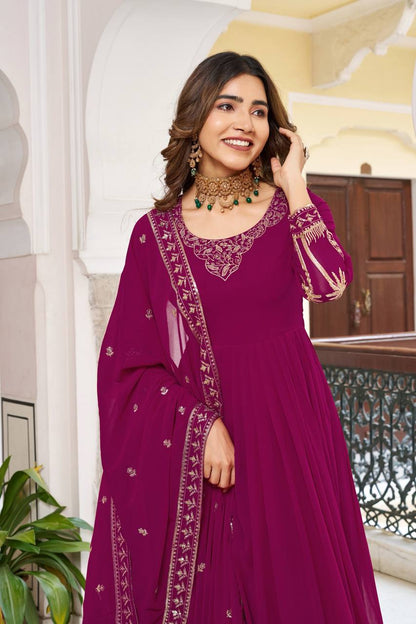 Occasion Wear Maroon Color Sequence Thread Work Anarkali Gown