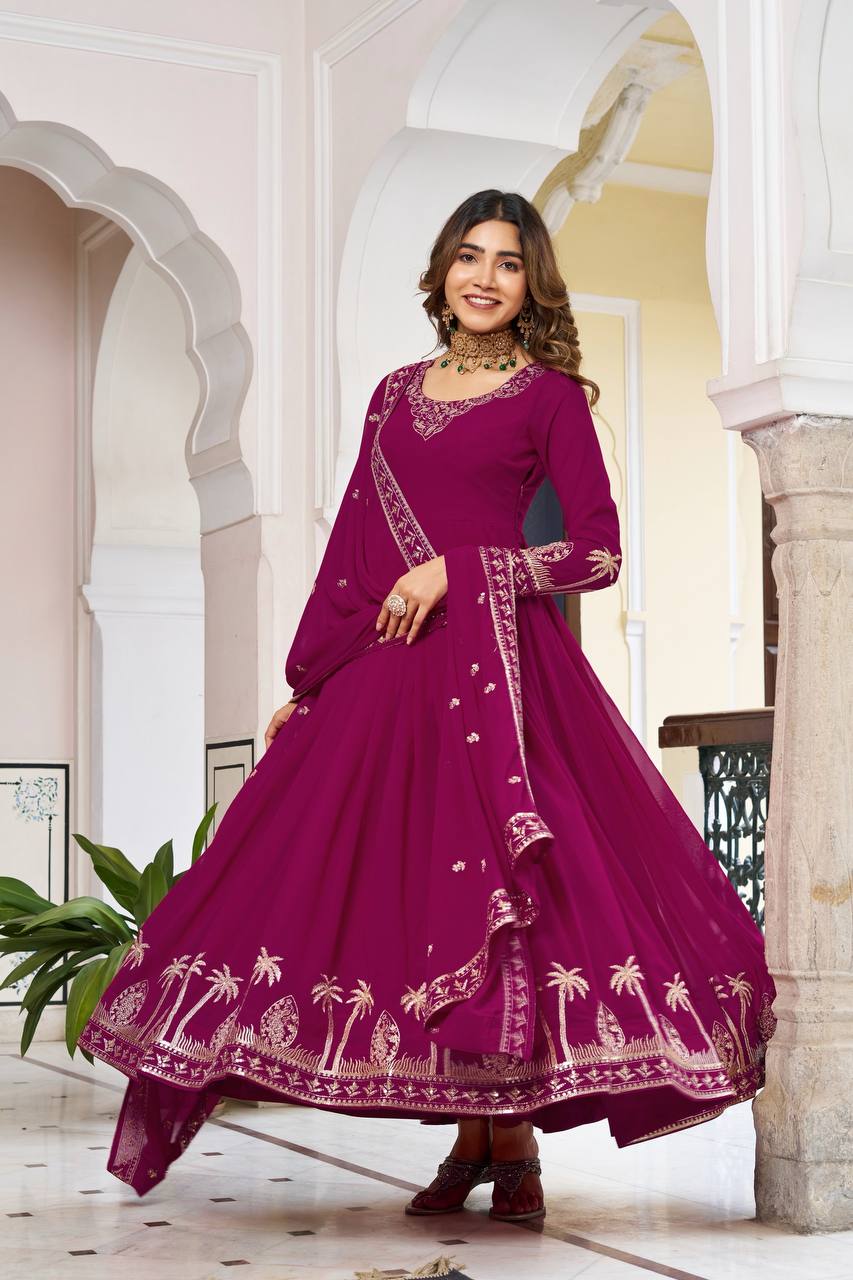 Occasion Wear Maroon Color Sequence Thread Work Anarkali Gown