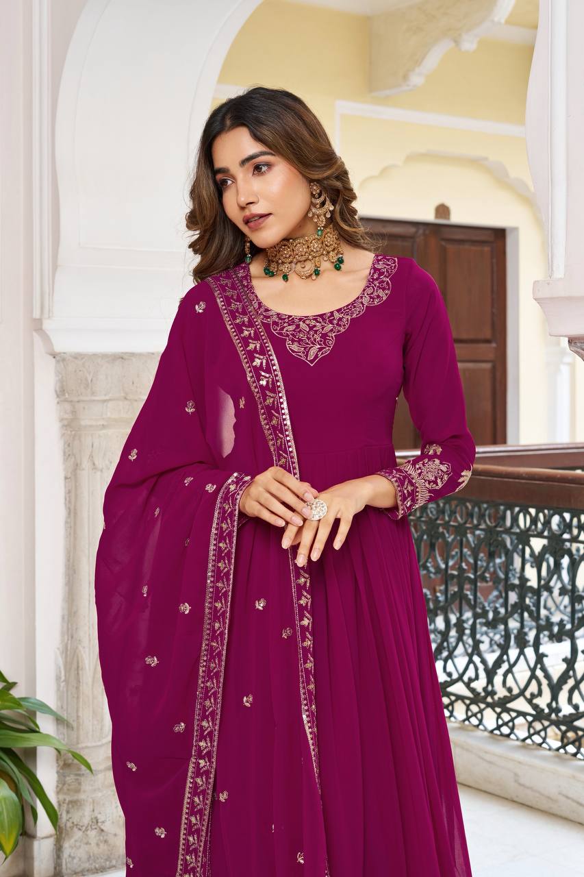 Occasion Wear Maroon Color Sequence Thread Work Anarkali Gown