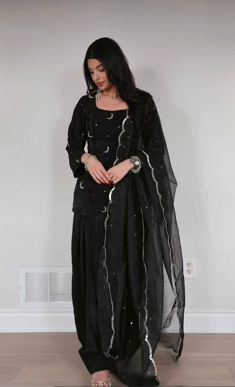 Delightful Black Color Sequence Embroidered Farshi Suit With Dupatta