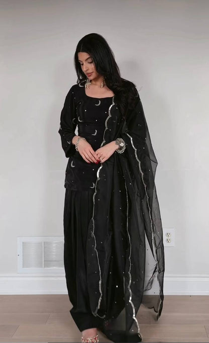 Delightful Black Color Sequence Embroidered Farshi Suit With Dupatta