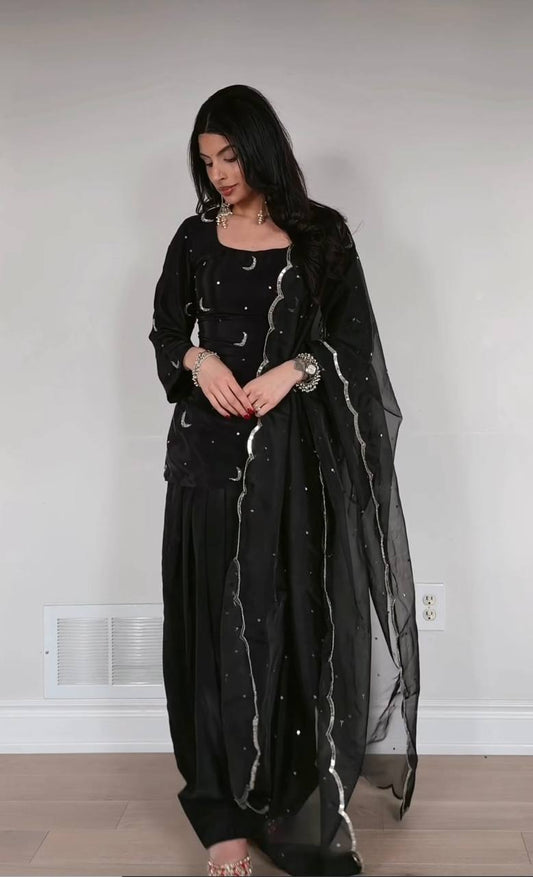 Delightful Black Color Sequence Embroidered Farshi Suit With Dupatta