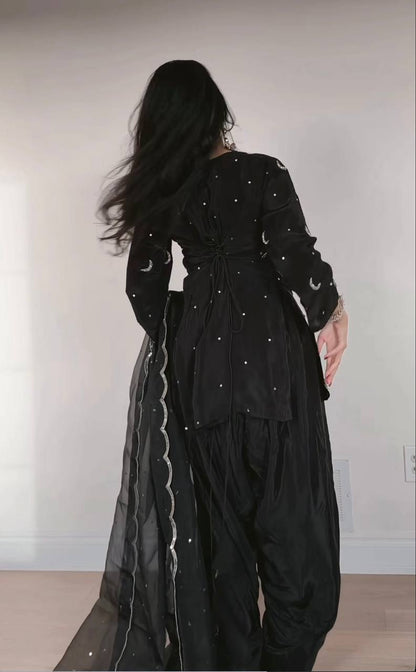 Delightful Black Color Sequence Embroidered Farshi Suit With Dupatta