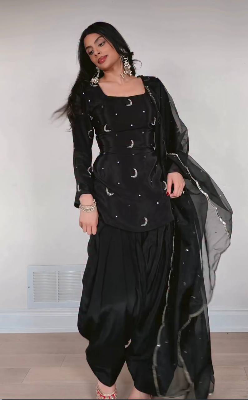 Delightful Black Color Sequence Embroidered Farshi Suit With Dupatta