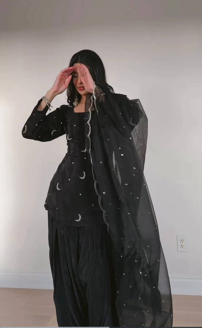 Delightful Black Color Sequence Embroidered Farshi Suit With Dupatta