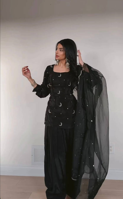 Delightful Black Color Sequence Embroidered Farshi Suit With Dupatta