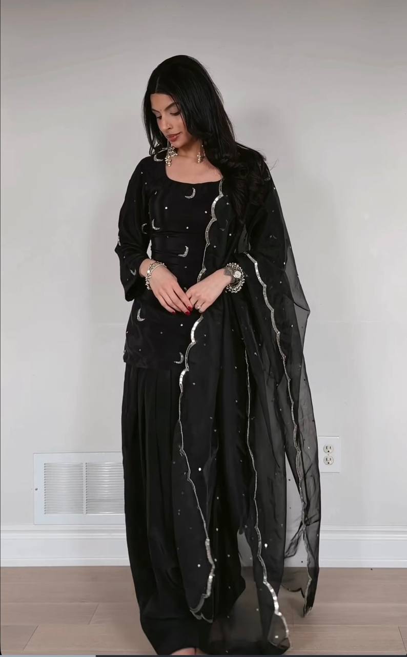 Delightful Black Color Sequence Embroidered Farshi Suit With Dupatta