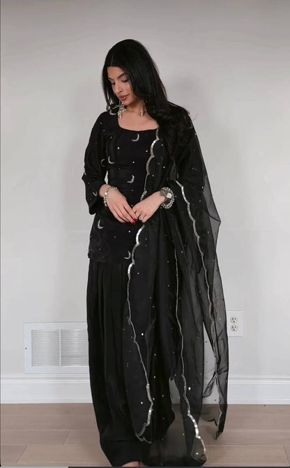 Delightful Black Color Sequence Embroidered Farshi Suit With Dupatta