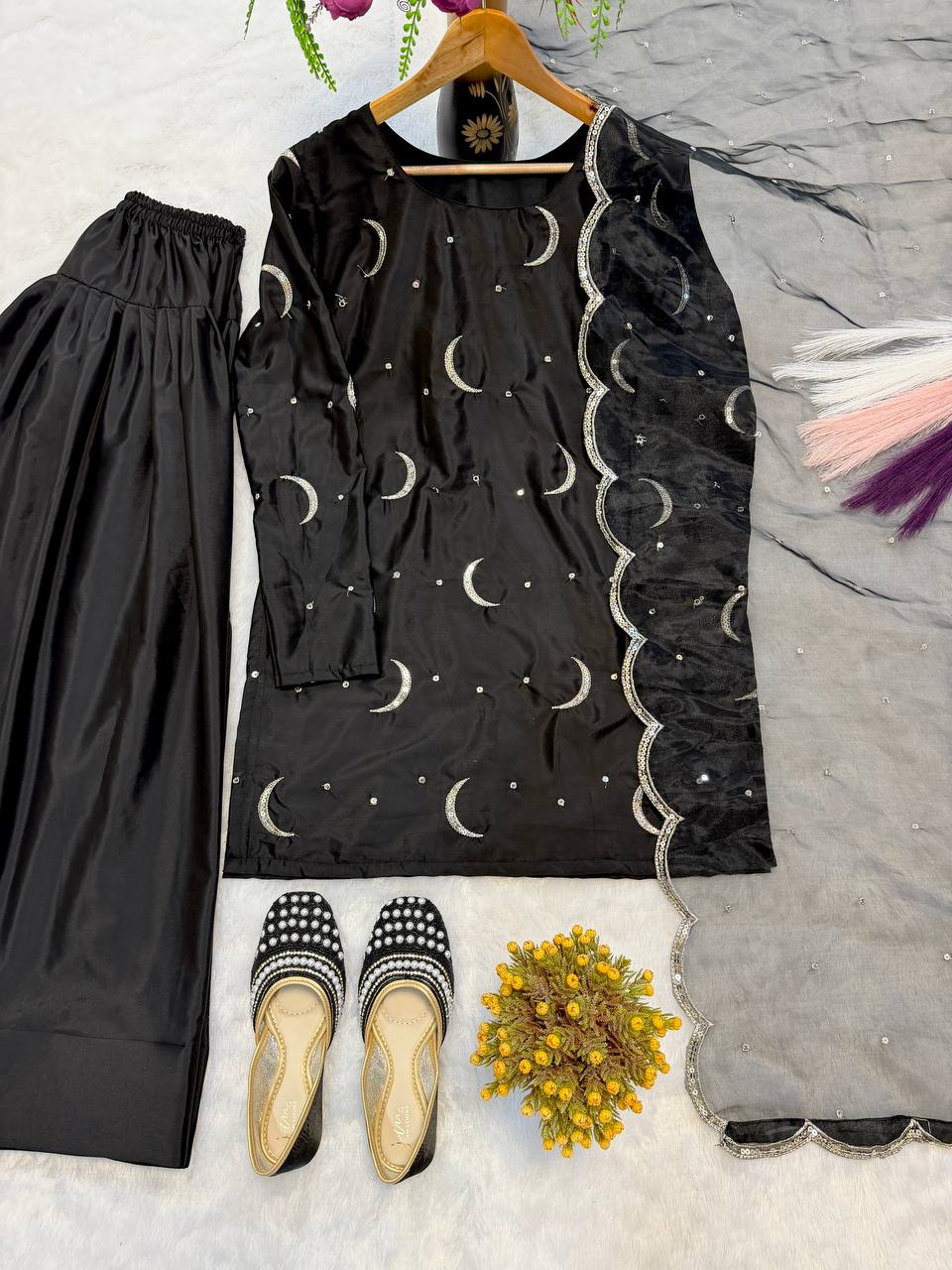 Delightful Black Color Sequence Embroidered Farshi Suit With Dupatta