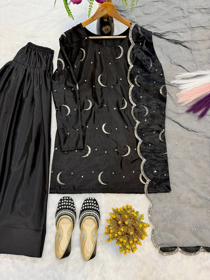Delightful Black Color Sequence Embroidered Farshi Suit With Dupatta
