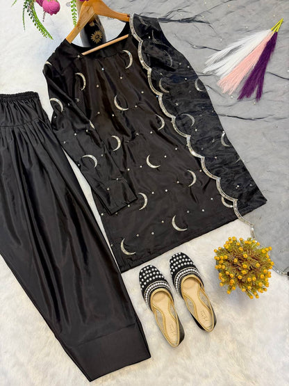 Delightful Black Color Sequence Embroidered Farshi Suit With Dupatta