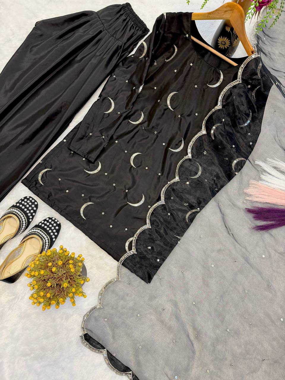 Delightful Black Color Sequence Embroidered Farshi Suit With Dupatta