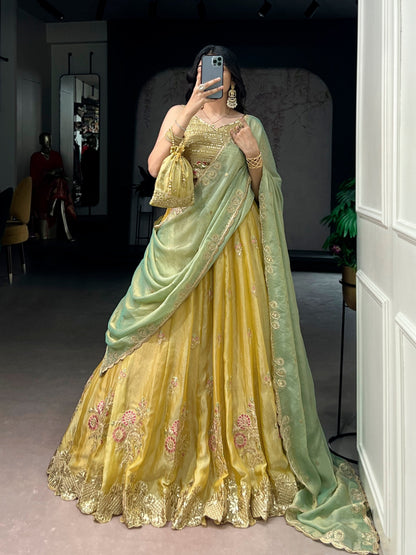 Wedding Wear Yellow Color Thread Embroidered Work Lehenga Choli