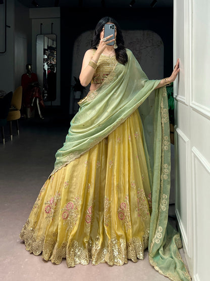 Wedding Wear Yellow Color Thread Embroidered Work Lehenga Choli