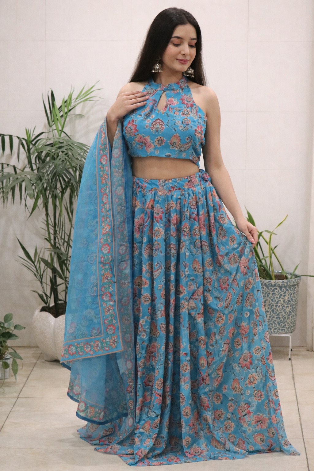Designer Sky Blue Color Pure Organza Floral Printed Lehenga Choli