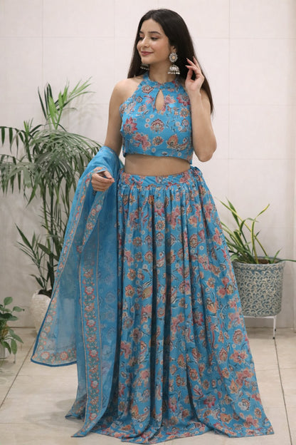 Designer Sky Blue Color Pure Organza Floral Printed Lehenga Choli
