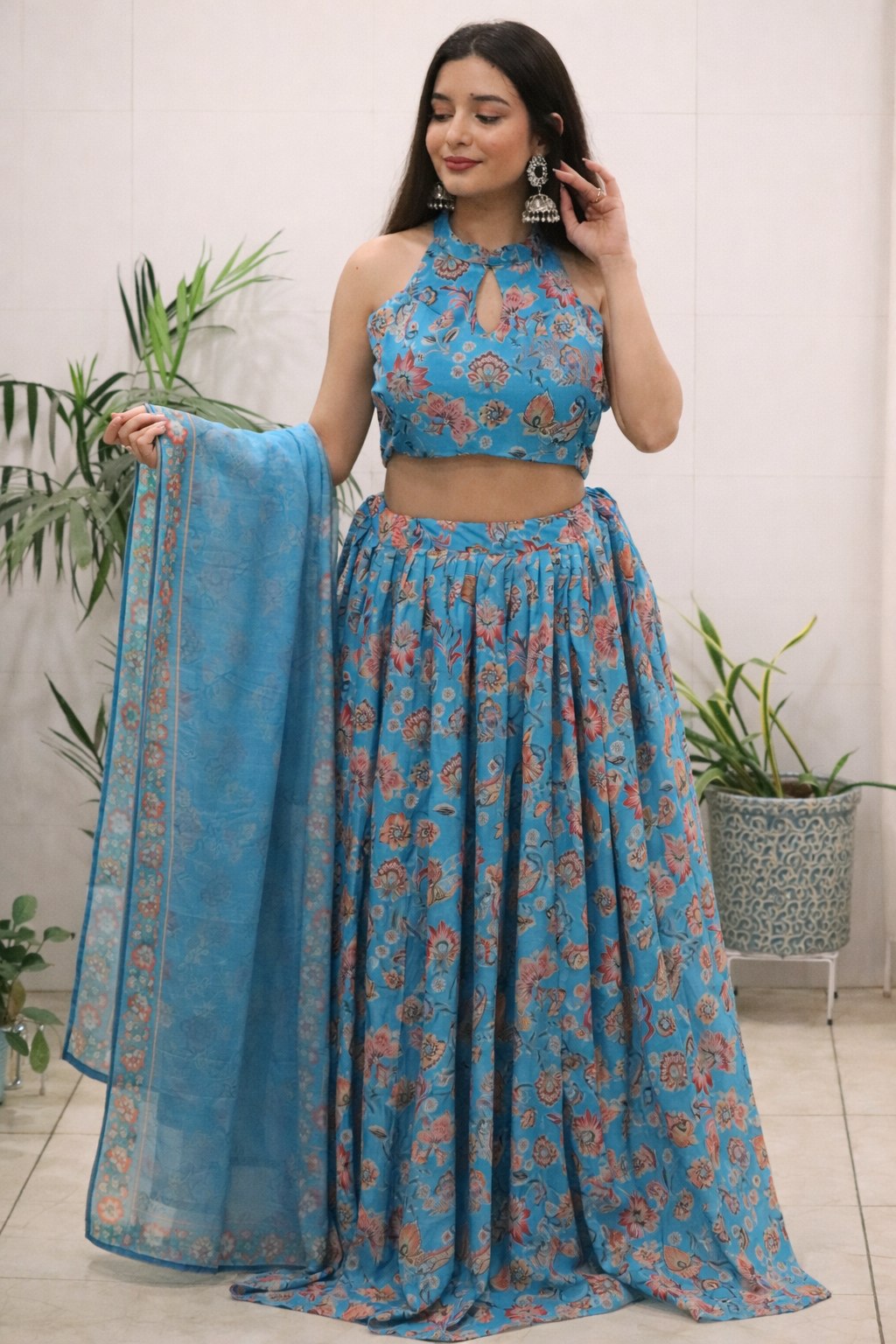 Designer Sky Blue Color Pure Organza Floral Printed Lehenga Choli