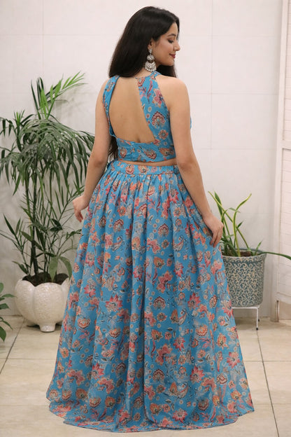 Designer Sky Blue Color Pure Organza Floral Printed Lehenga Choli