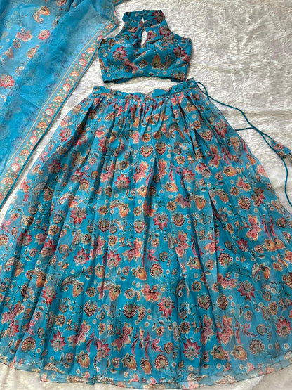 Designer Sky Blue Color Pure Organza Floral Printed Lehenga Choli
