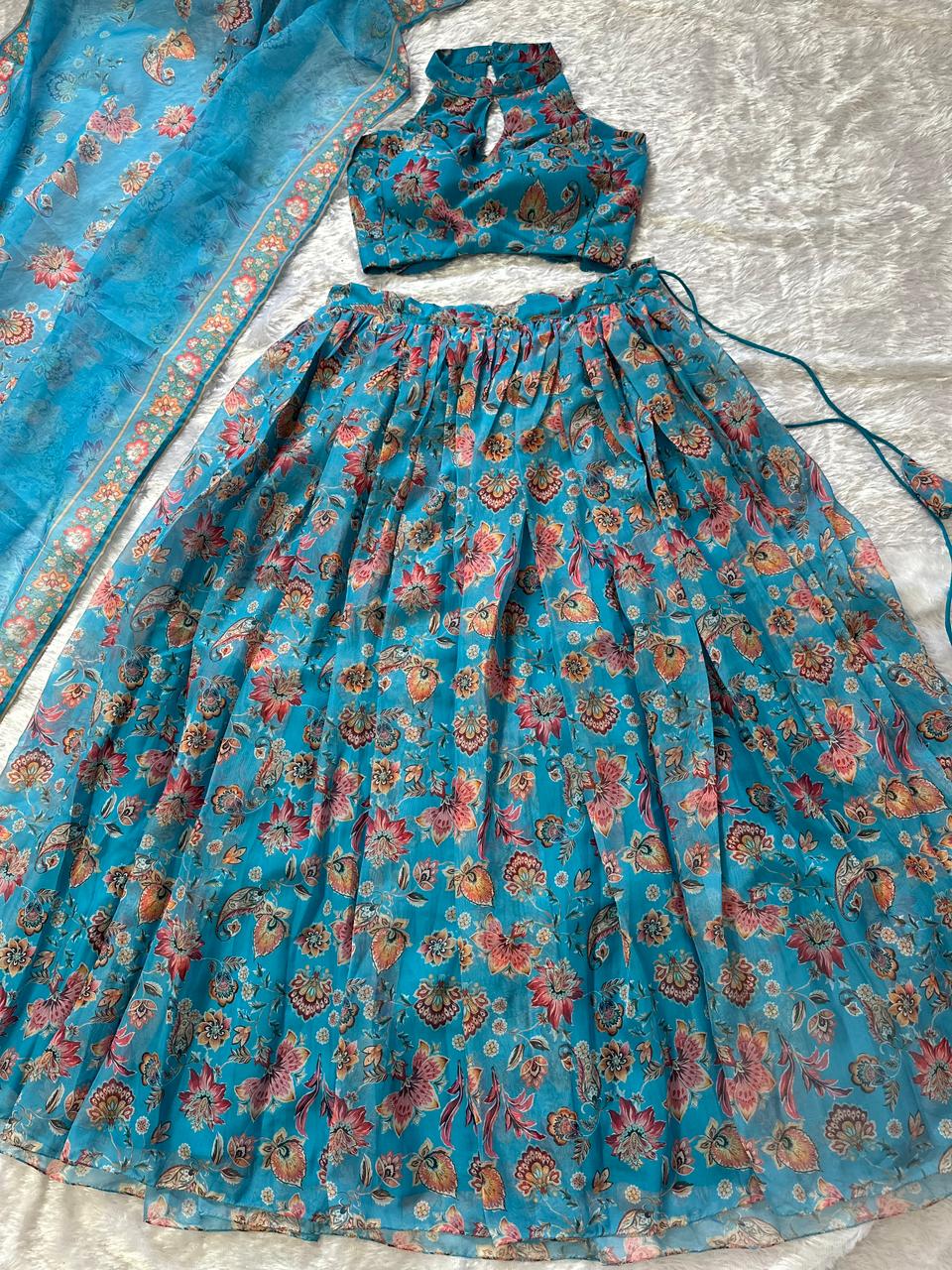 Designer Sky Blue Color Pure Organza Floral Printed Lehenga Choli